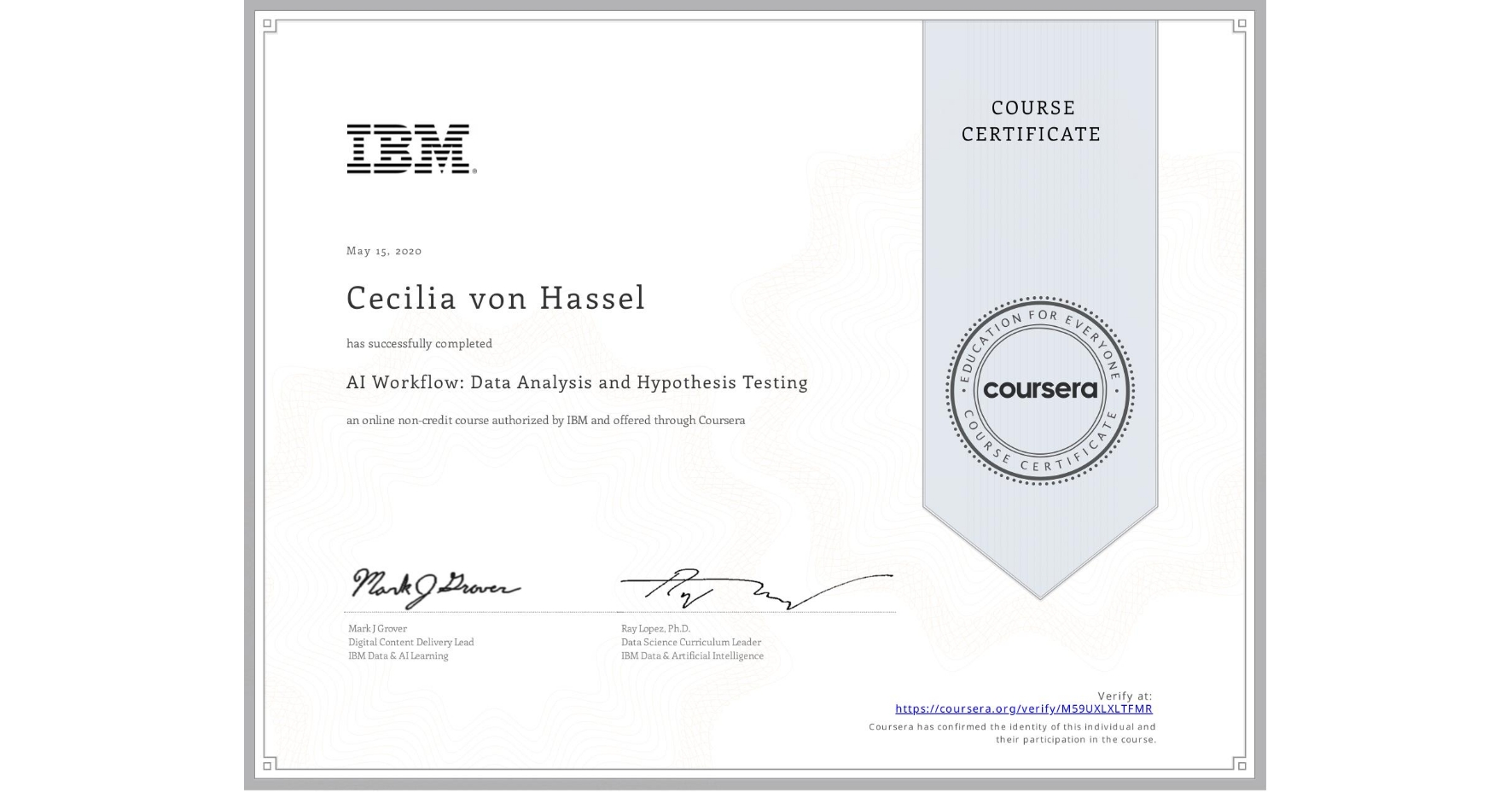 View certificate for Cecilia von Hassel, AI Workflow: Data Analysis and Hypothesis Testing, an online non-credit course authorized by IBM  and offered through Coursera
