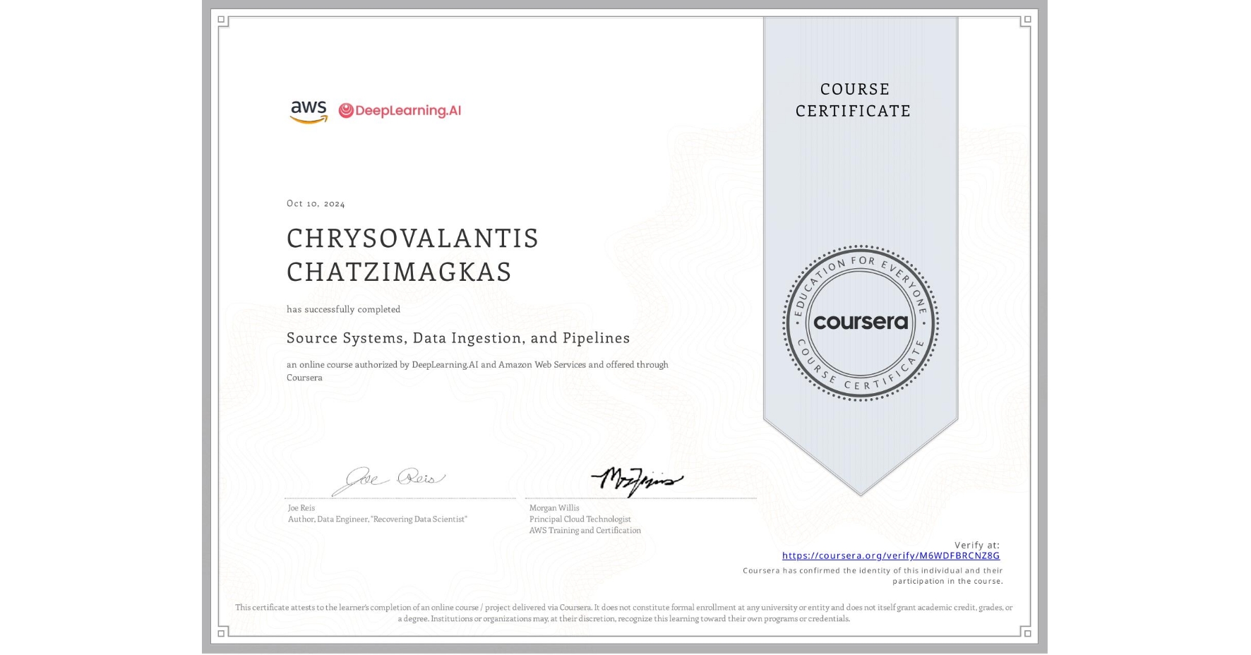 View certificate for CHRYSOVALANTIS CHATZIMAGKAS, Source Systems, Data Ingestion, and Pipelines, an online non-credit course authorized by DeepLearning.AI & Amazon Web Services and offered through Coursera