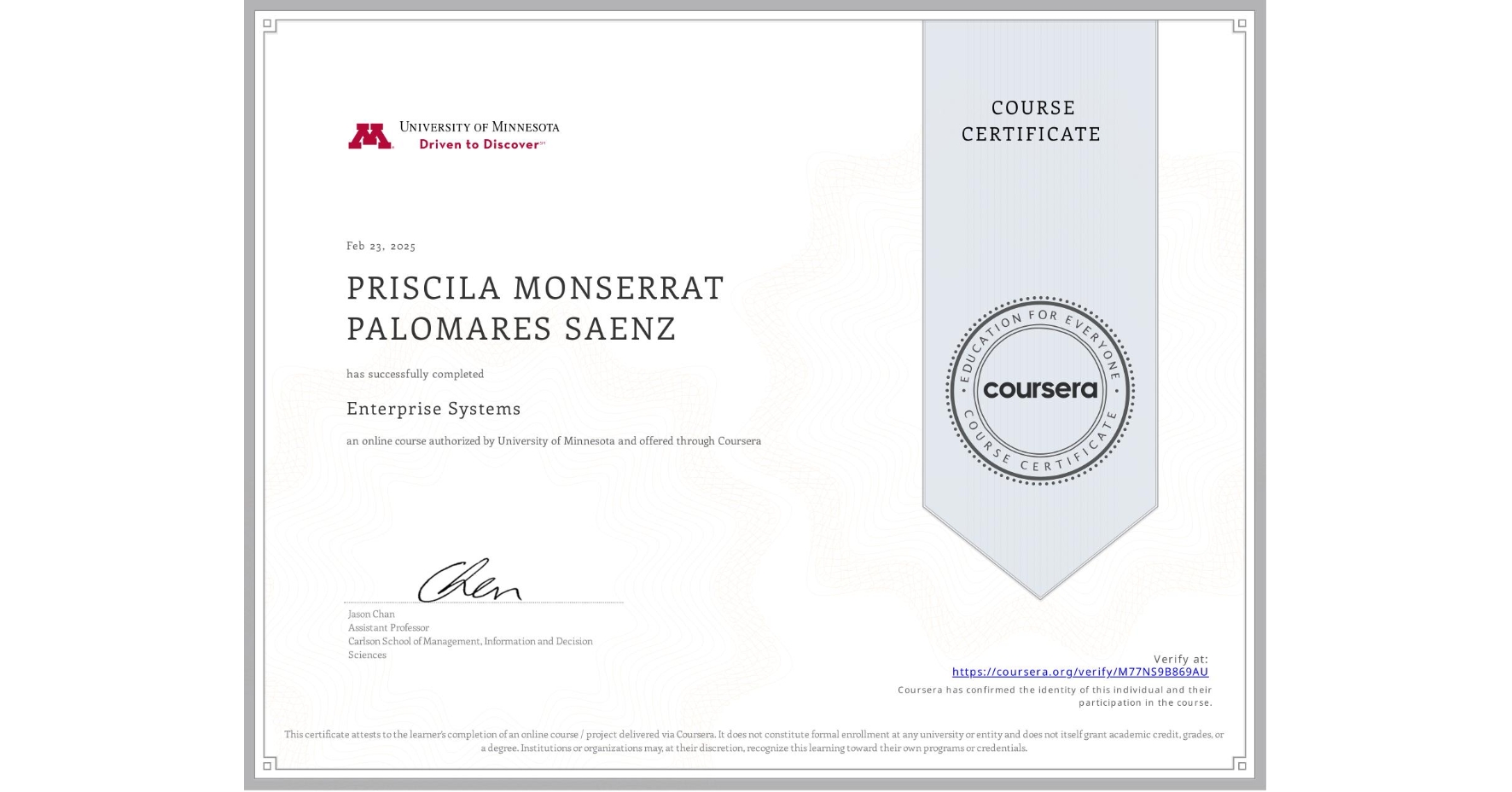 View certificate for PRISCILA MONSERRAT PALOMARES SAENZ, Enterprise Systems, an online non-credit course authorized by University of Minnesota and offered through Coursera