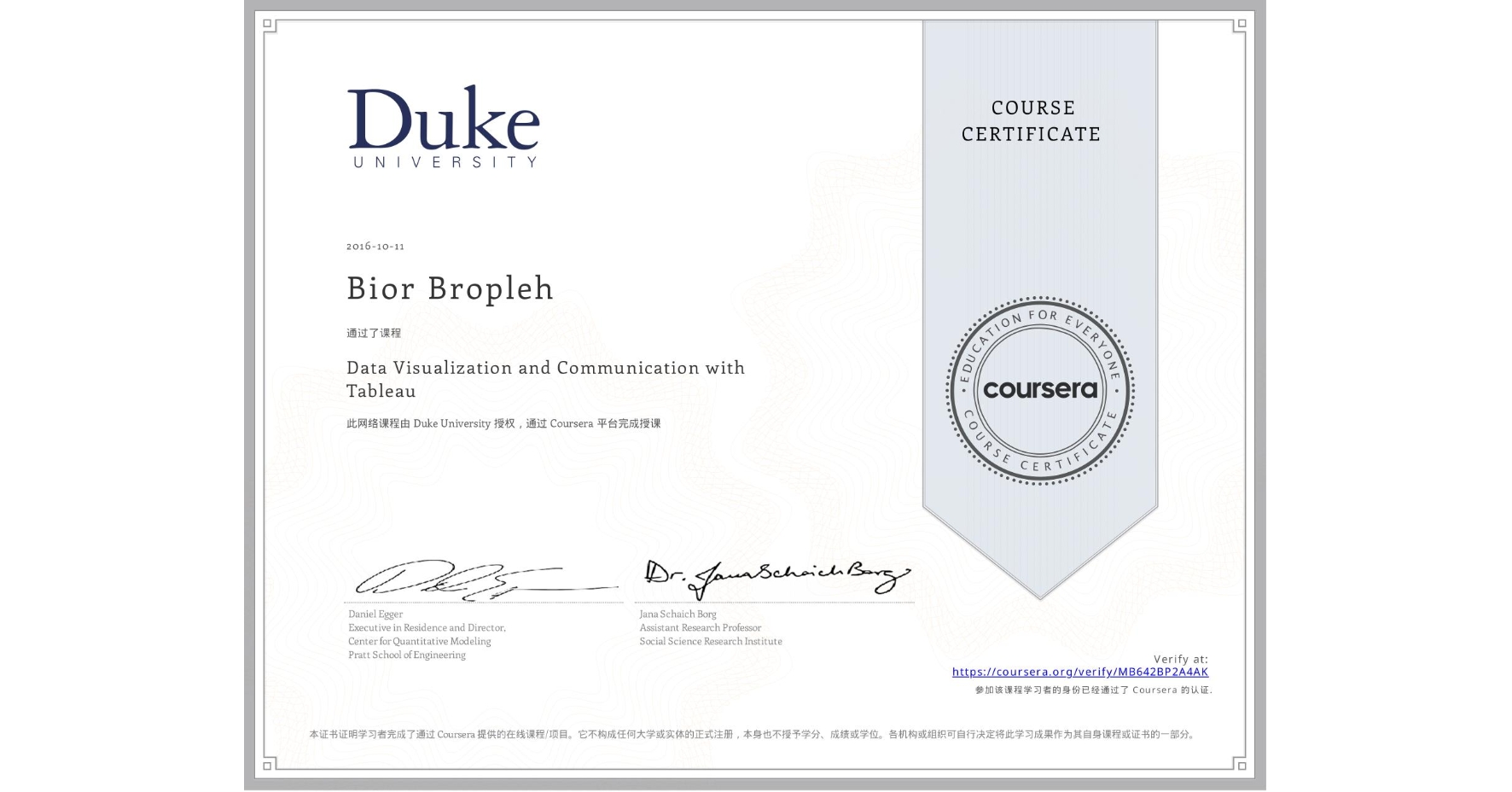 View certificate for Bior Bropleh, Data Visualization and Communication with Tableau, an online non-credit course authorized by Duke University and offered through Coursera