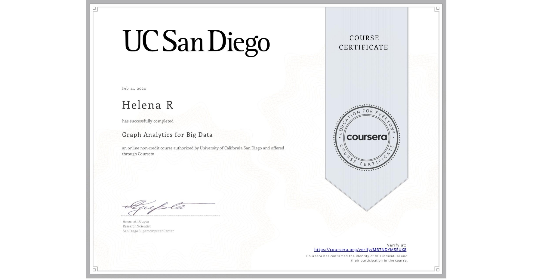 View certificate for Helena R, Graph Analytics for Big Data, an online non-credit course authorized by University of California San Diego and offered through Coursera