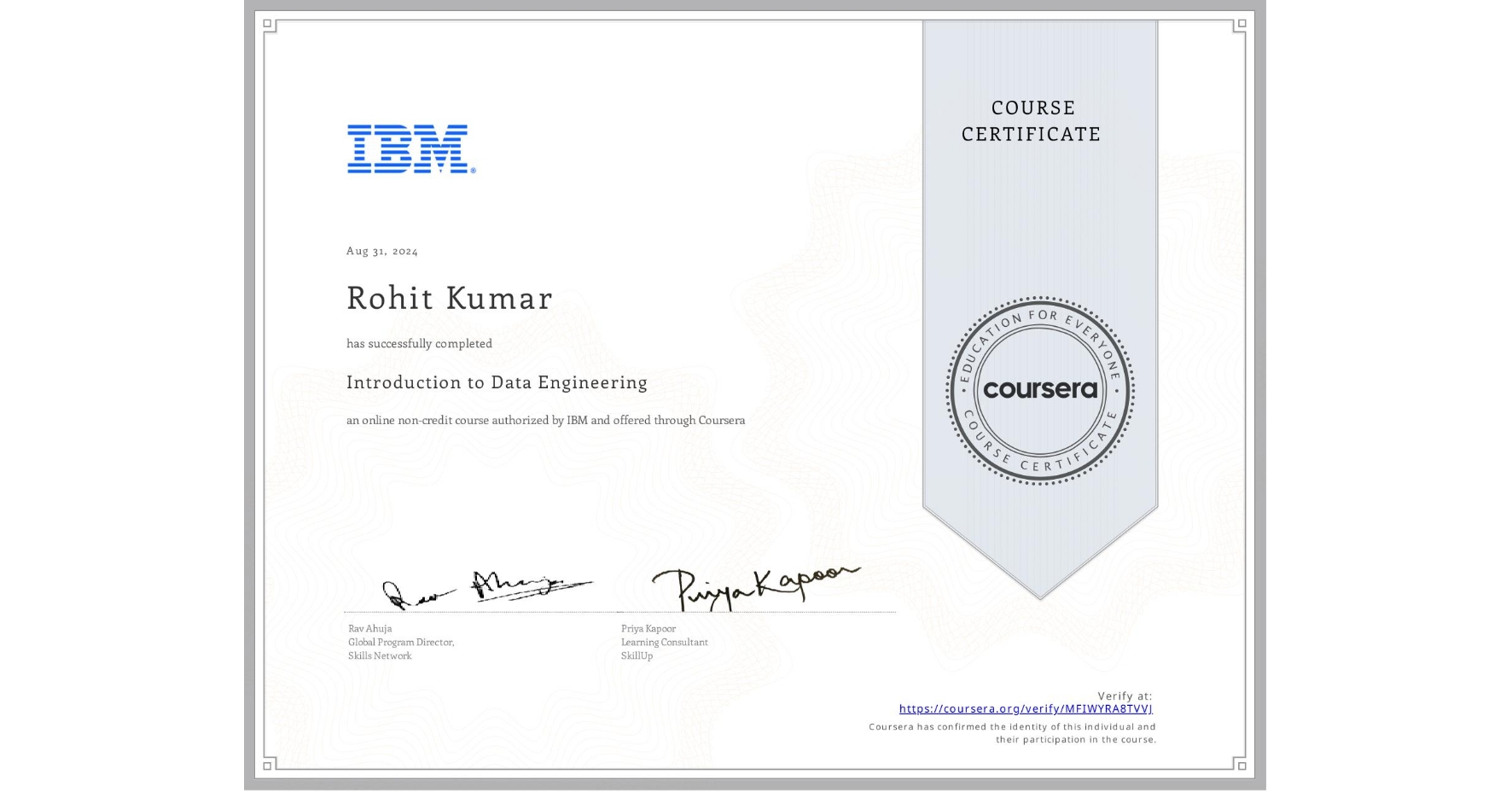 View certificate for Rohit Kumar, Introduction to Data Engineering, an online non-credit course authorized by IBM and offered through Coursera
