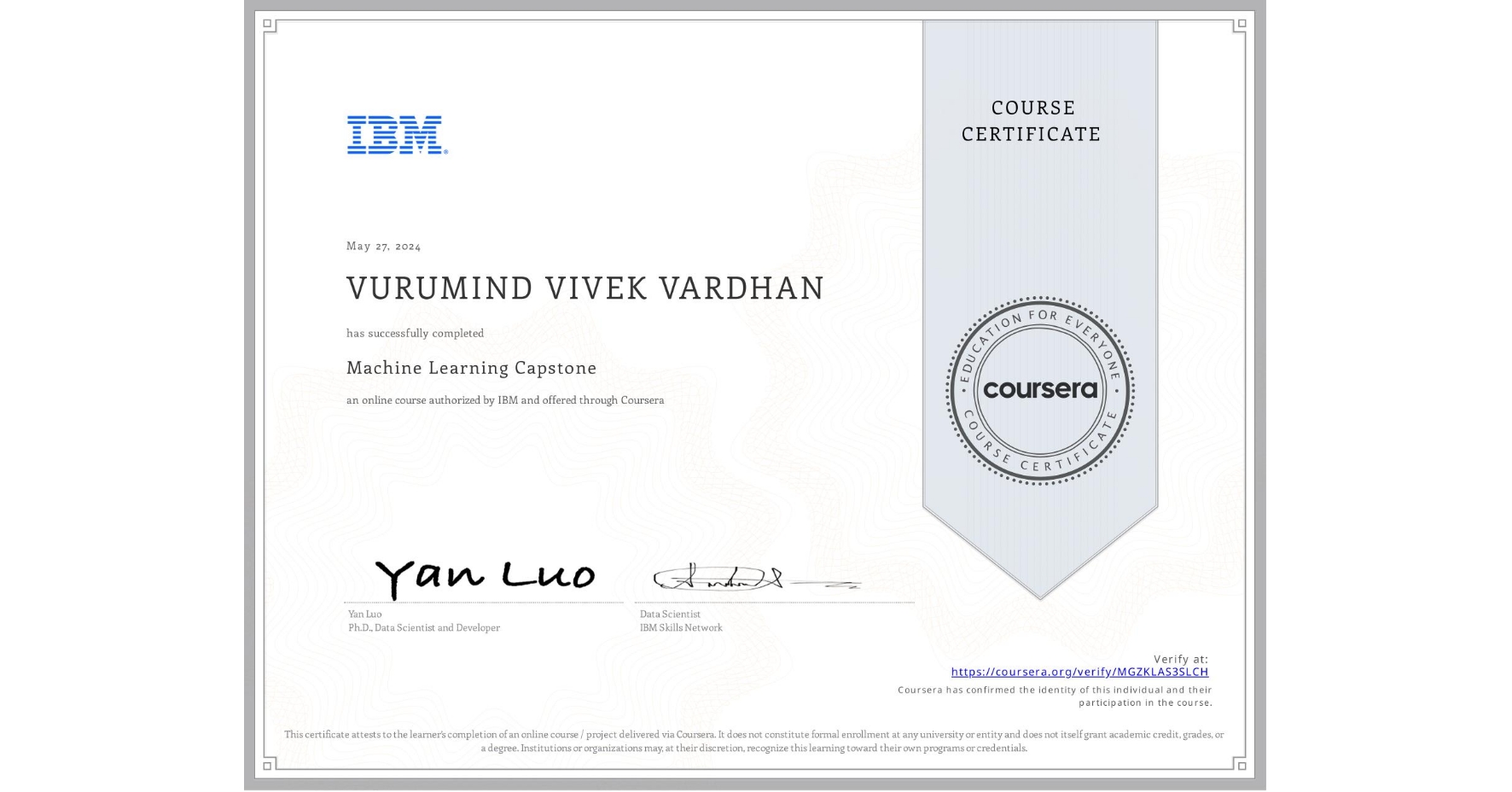 View certificate for VURUMIND VIVEK VARDHAN, Machine Learning Capstone, an online non-credit course authorized by IBM and offered through Coursera