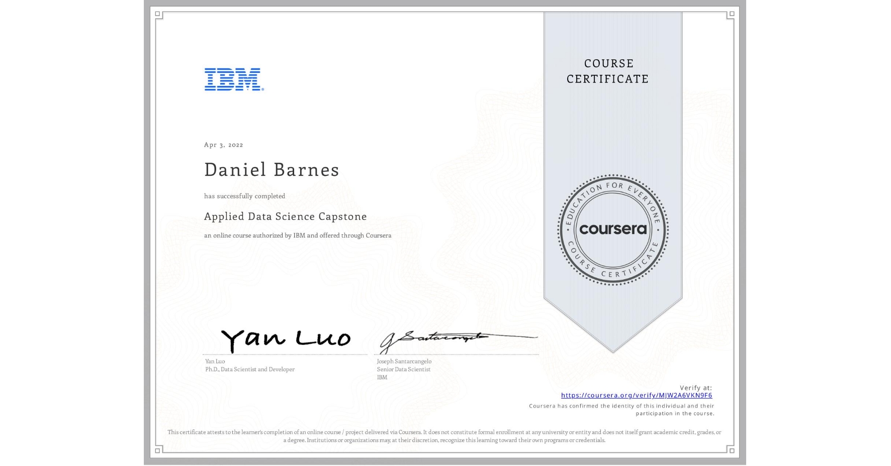 View certificate for Daniel Barnes, Applied Data Science Capstone, an online non-credit course authorized by IBM and offered through Coursera