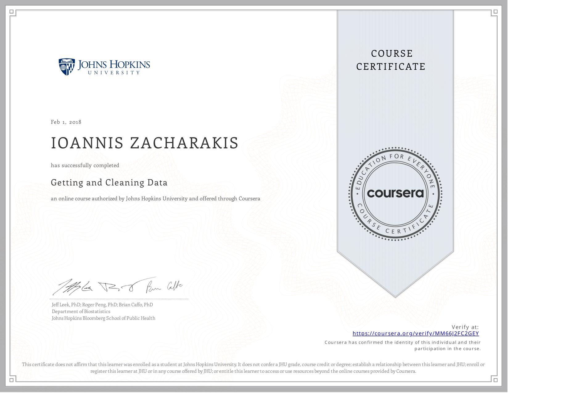 View certificate for IOANNIS ZACHARAKIS, Getting and Cleaning Data, an online non-credit course authorized by Johns Hopkins University and offered through Coursera