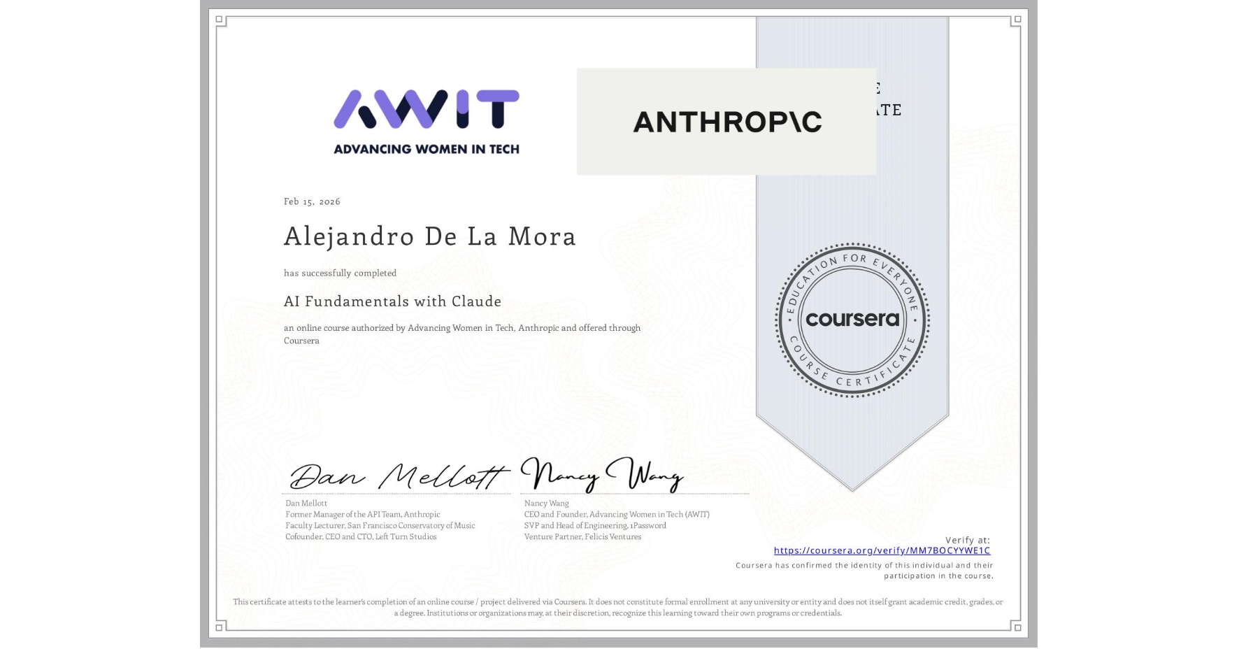 AI Fundamentals with Claude certificate