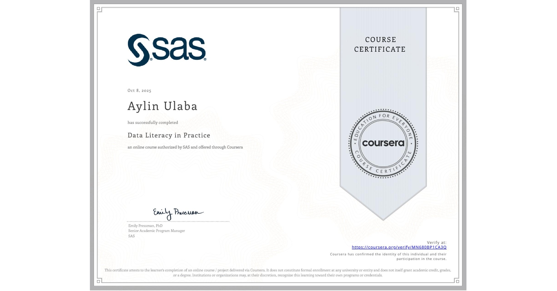 View certificate for Aylin Ulaba, Data Literacy in Practice, an online non-credit course authorized by SAS and offered through Coursera