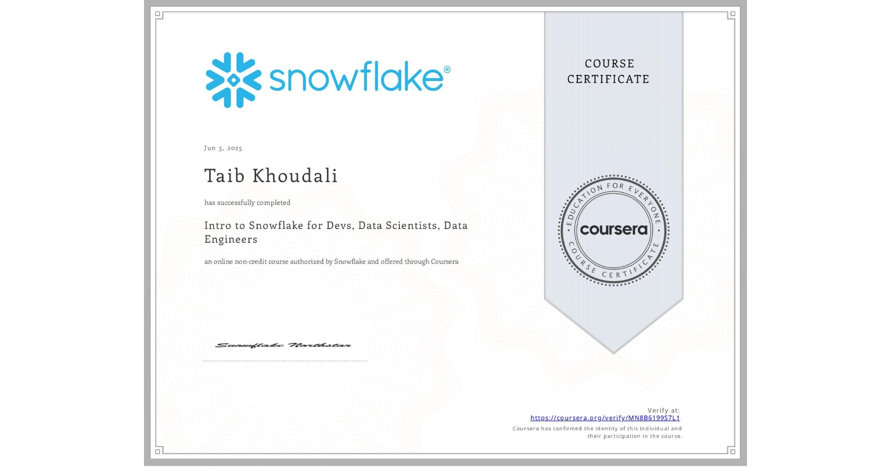 View certificate for Taib Khoudali, Intro to Snowflake for Devs, Data Scientists, Data Engineers, an online non-credit course authorized by Snowflake and offered through Coursera
