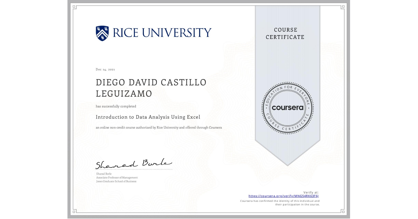 View certificate for DIEGO DAVID  CASTILLO LEGUIZAMO, Introduction to Data Analysis Using Excel, an online non-credit course authorized by Rice University and offered through Coursera