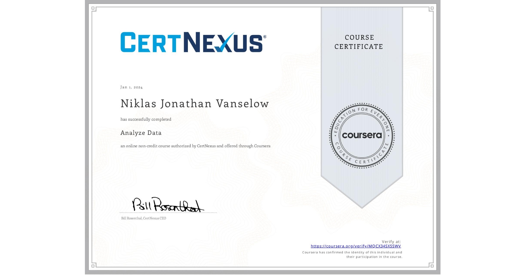 View certificate for Niklas Jonathan Vanselow, Analyze Data, an online non-credit course authorized by CertNexus and offered through Coursera