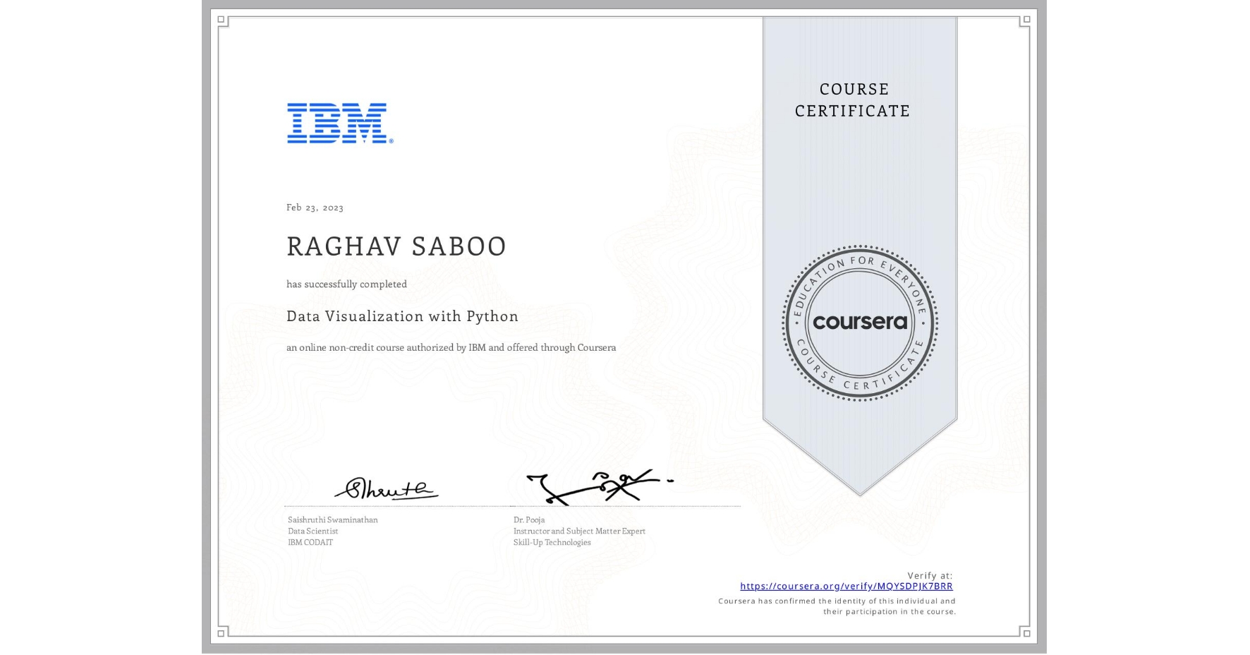 View certificate for RAGHAV SABOO, Data Visualization with Python, an online non-credit course authorized by IBM and offered through Coursera