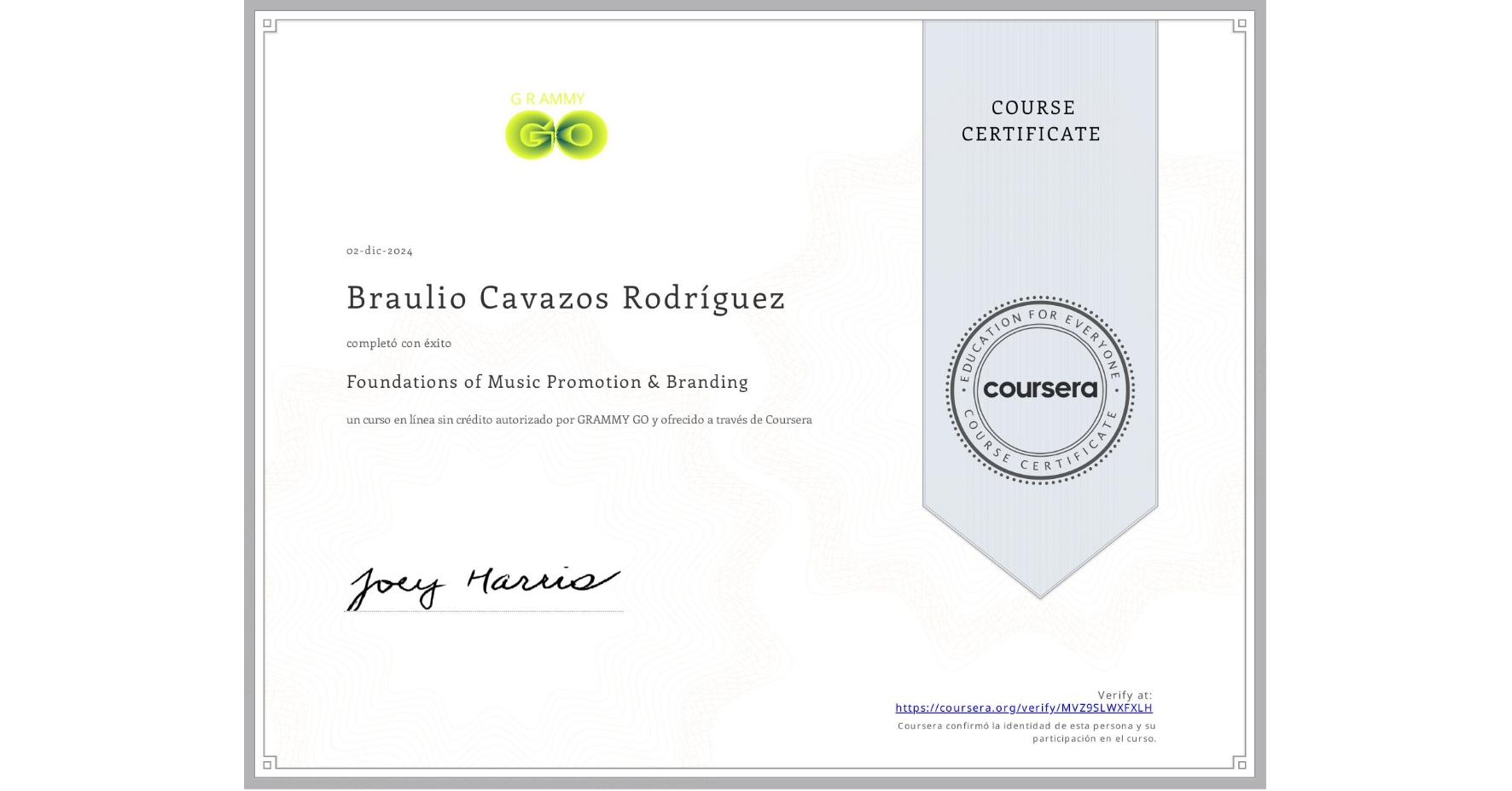 View certificate for Braulio Cavazos Rodríguez, Foundations of Music Promotion & Branding, an online non-credit course authorized by GRAMMY GO and offered through Coursera