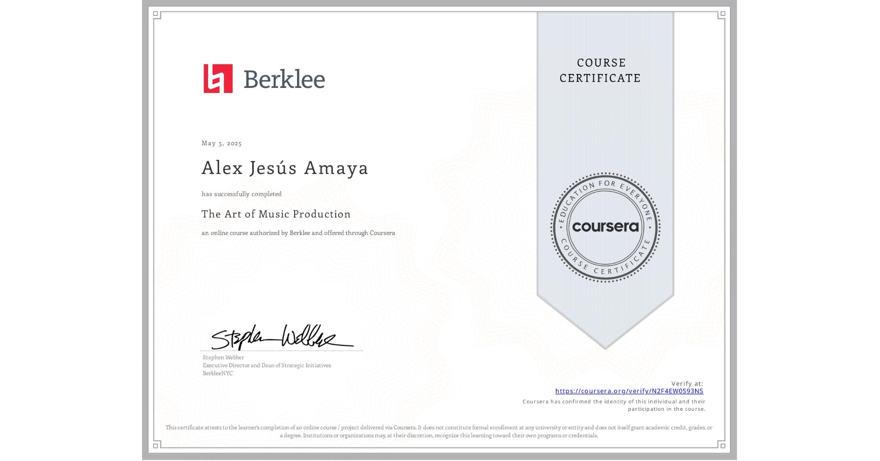 View certificate for Alex Jesús Amaya, The Art of Music Production, an online non-credit course authorized by Berklee and offered through Coursera