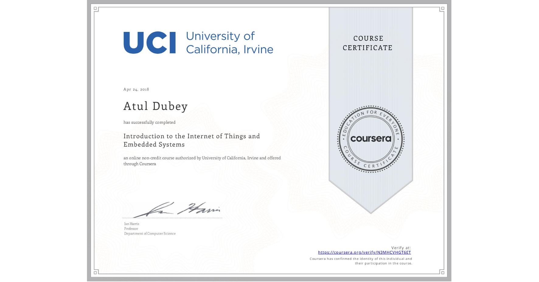 View certificate for Atul Dubey, Introduction to the Internet of Things and Embedded Systems, an online non-credit course authorized by University of California, Irvine and offered through Coursera