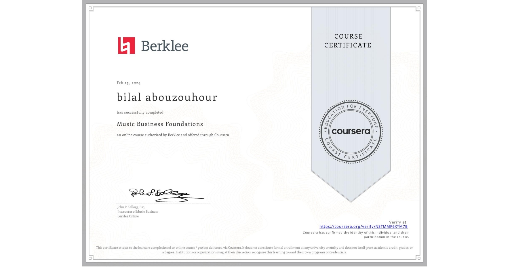 View certificate for bilal abouzouhour, Music Business Foundations, an online non-credit course authorized by Berklee and offered through Coursera