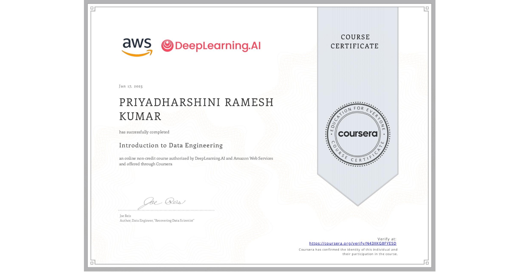 View certificate for PRIYADHARSHINI RAMESH KUMAR, Introduction to Data Engineering, an online non-credit course authorized by DeepLearning.AI & Amazon Web Services and offered through Coursera