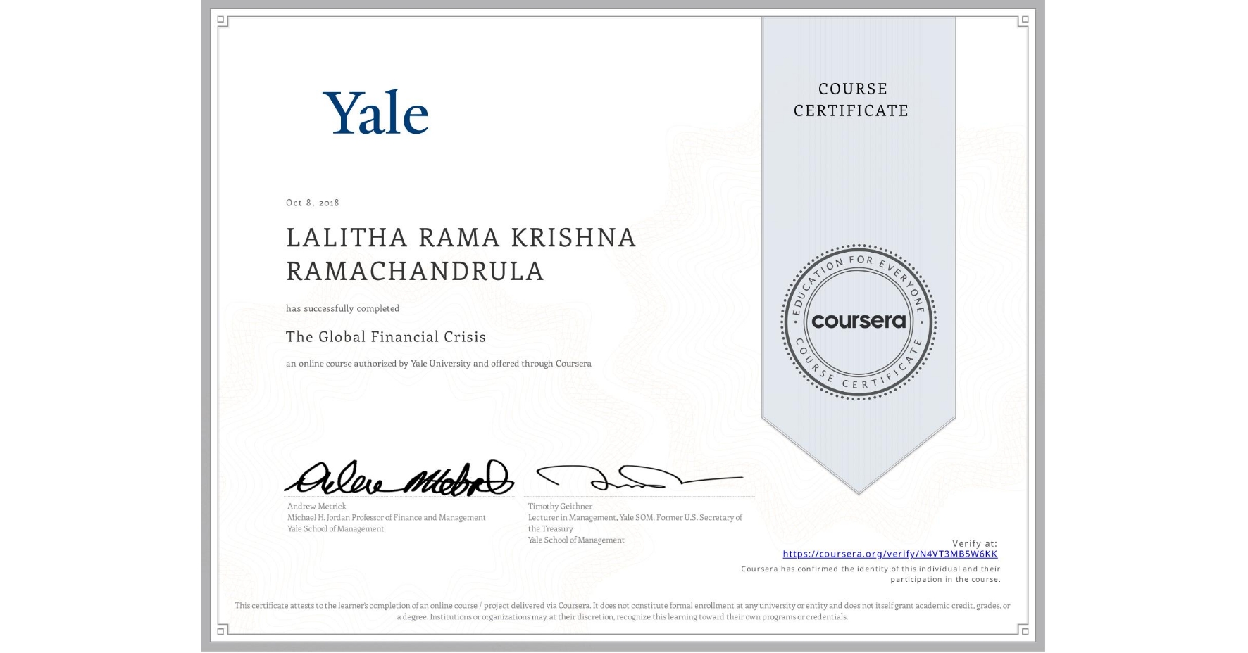 View certificate for LALITHA RAMA KRISHNA RAMACHANDRULA, The Global Financial Crisis, an online non-credit course authorized by Yale University and offered through Coursera