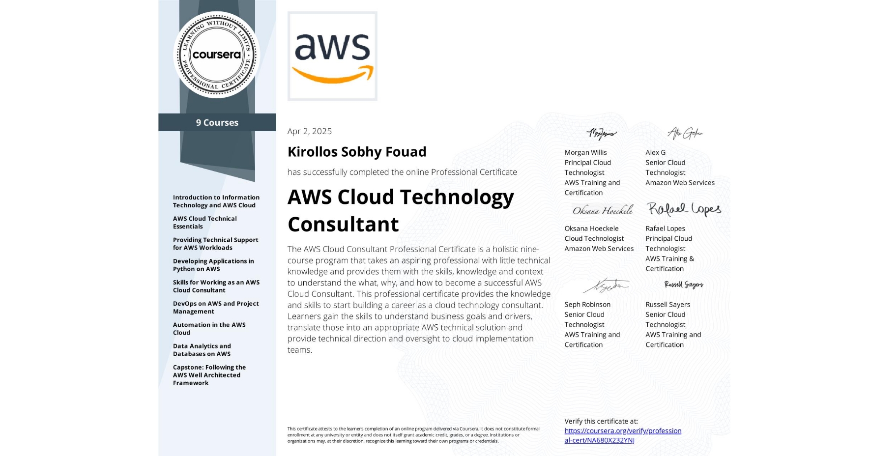 AWS Cloud Technology Consultant Professional Certificate