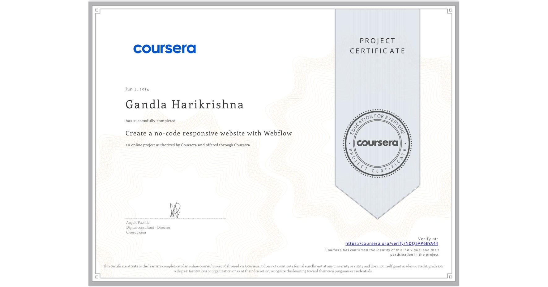 View certificate for Gandla Harikrishna, Create a no-code responsive website with Webflow, an online non-credit course authorized by Coursera and offered through Coursera
