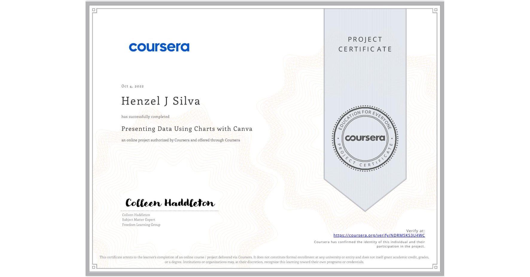 View certificate for Henzel J Silva, Presenting Data Using Charts with Canva, an online non-credit course authorized by Coursera and offered through Coursera