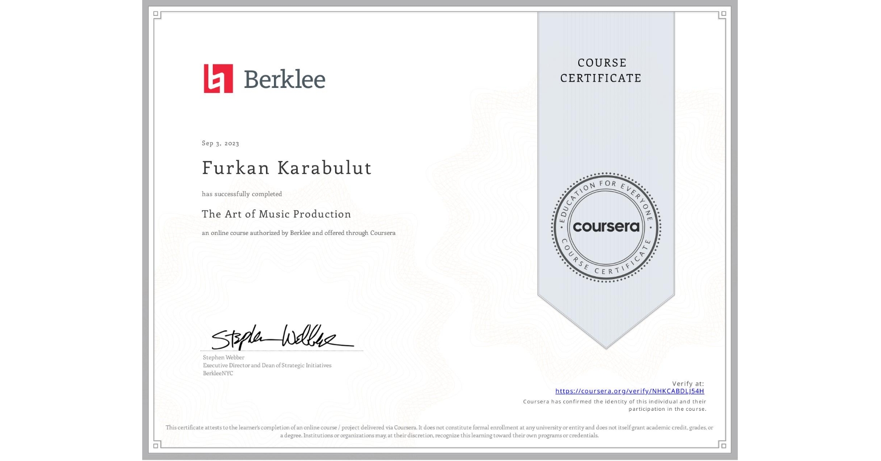 View certificate for Furkan Karabulut, The Art of Music Production, an online non-credit course authorized by Berklee and offered through Coursera