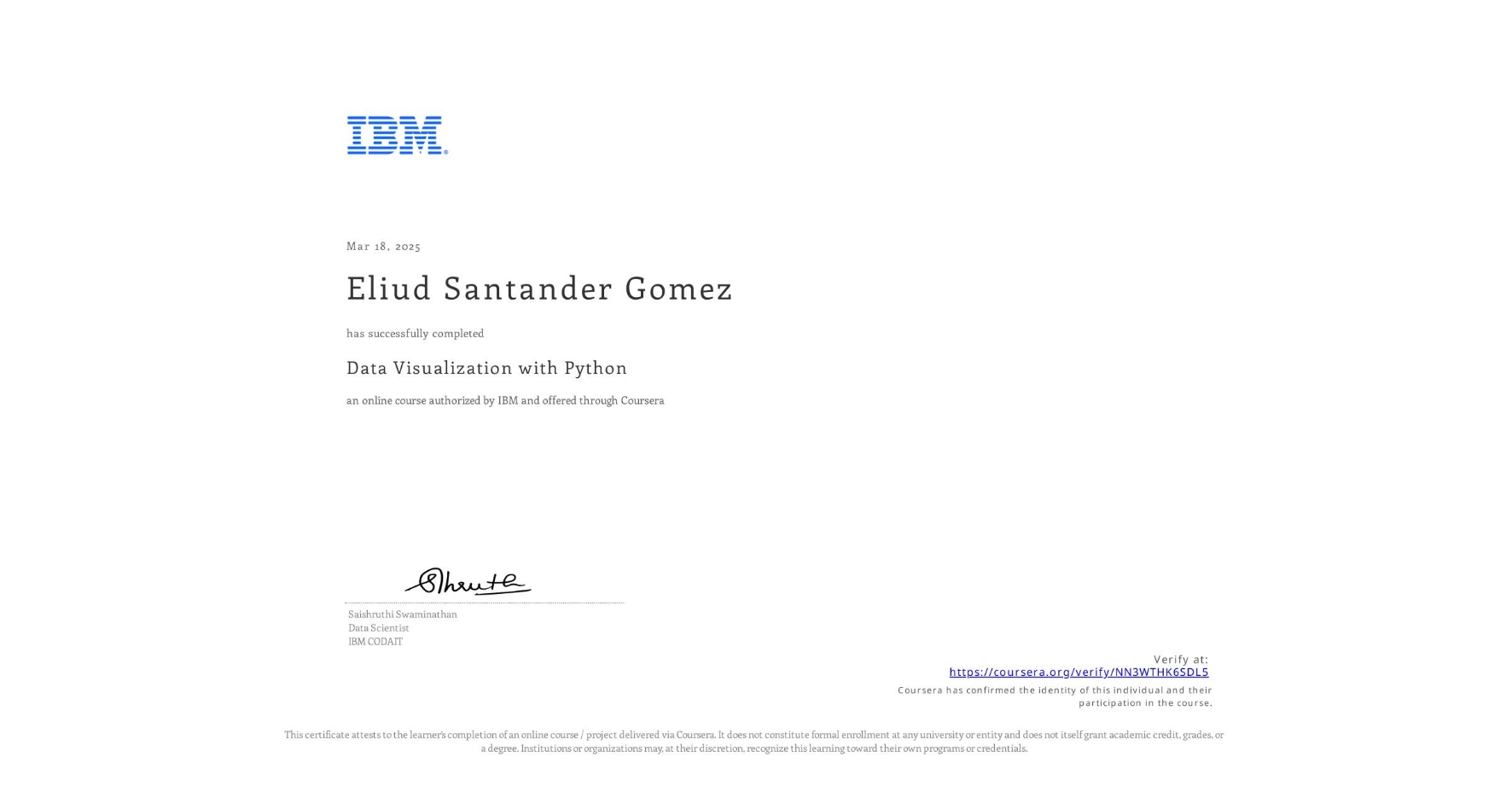 View certificate for Eliud Santander Gomez, Data Visualization with Python, an online non-credit course authorized by IBM and offered through Coursera