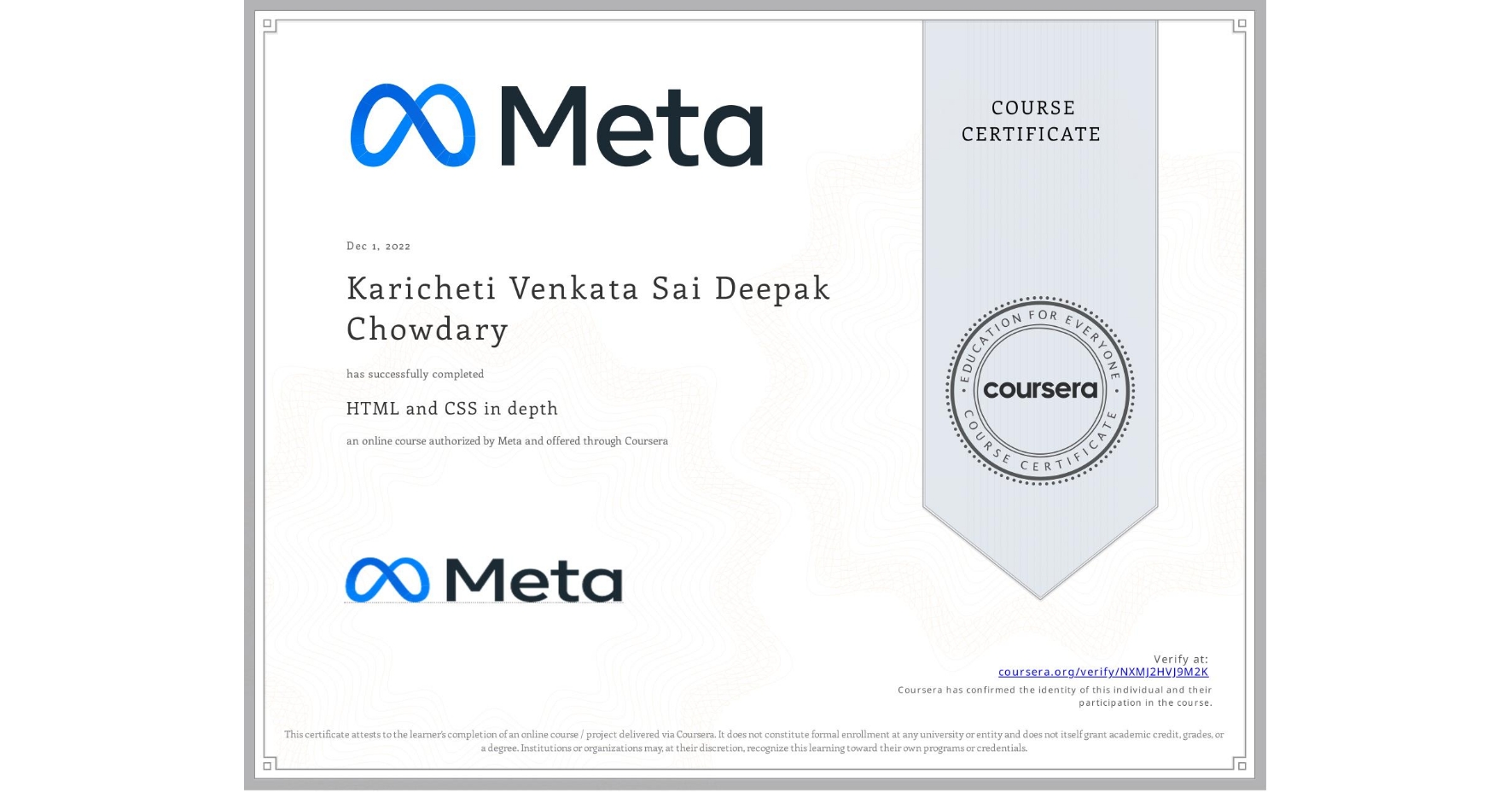 View certificate for Karicheti Venkata Sai  Deepak Chowdary, HTML and CSS in depth, an online non-credit course authorized by Meta and offered through Coursera
