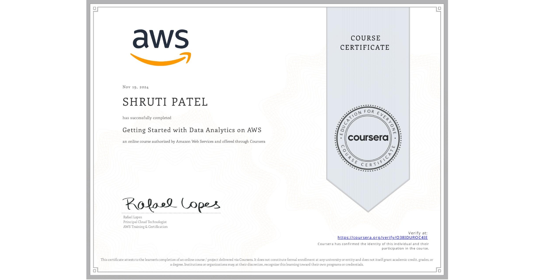 View certificate for SHRUTI PATEL, Getting Started with Data Analytics on AWS, an online non-credit course authorized by Amazon Web Services and offered through Coursera