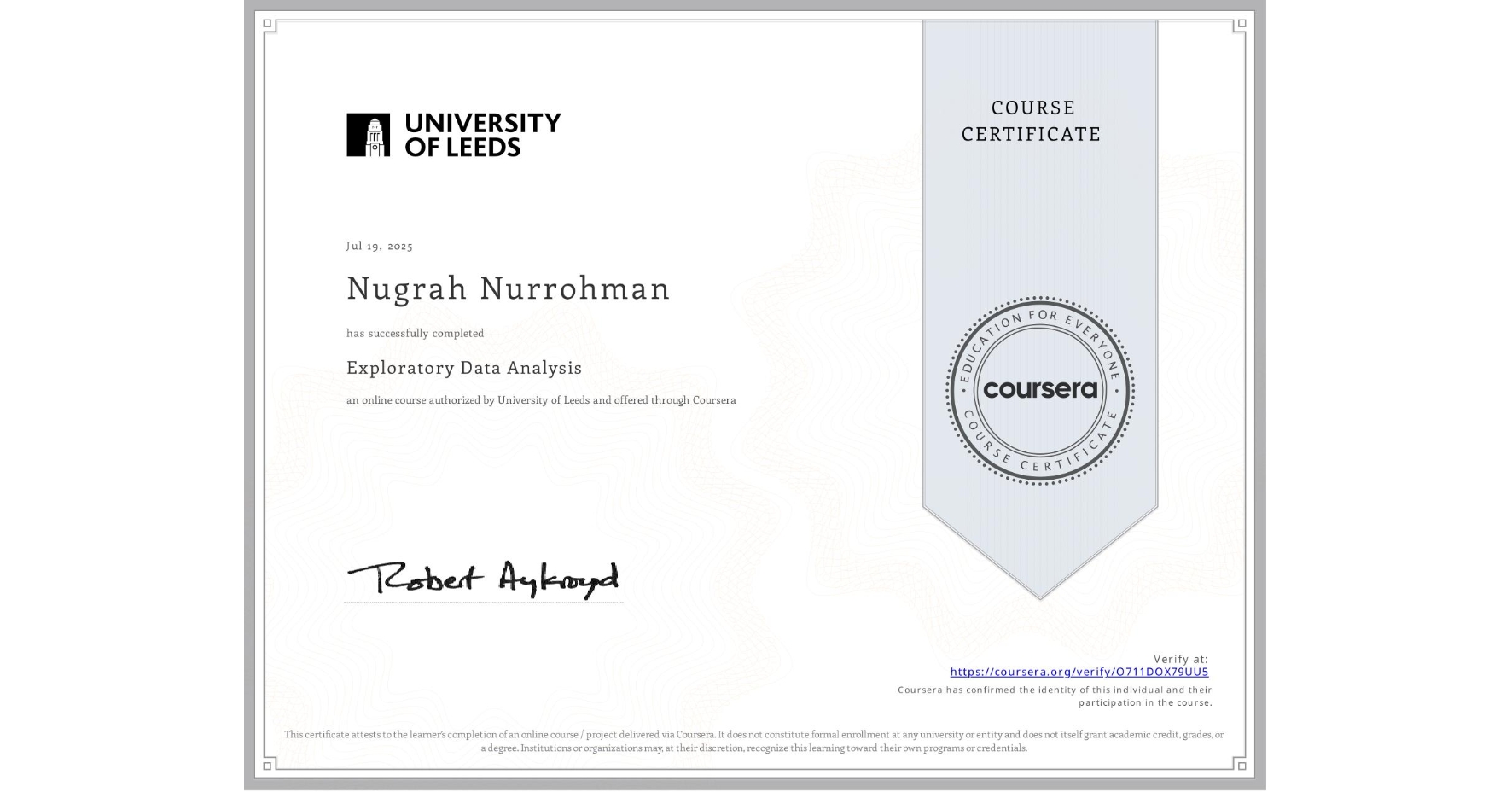 View certificate for Nugrah Nurrohman, Exploratory Data Analysis, an online non-credit course authorized by University of Leeds and offered through Coursera