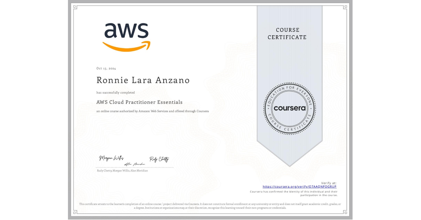 View certificate for Ronnie Lara Anzano, AWS Cloud Practitioner Essentials, an online non-credit course authorized by Amazon Web Services and offered through Coursera