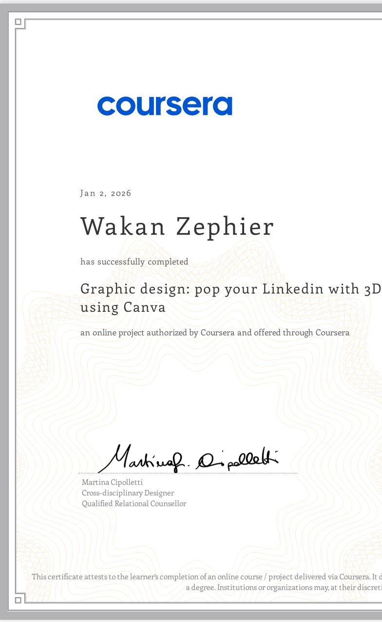 View certificate for Wakan Zephier, Graphic design: pop your Linkedin with 3D effect using Canva, an online non-credit course authorized by Coursera and offered through Coursera