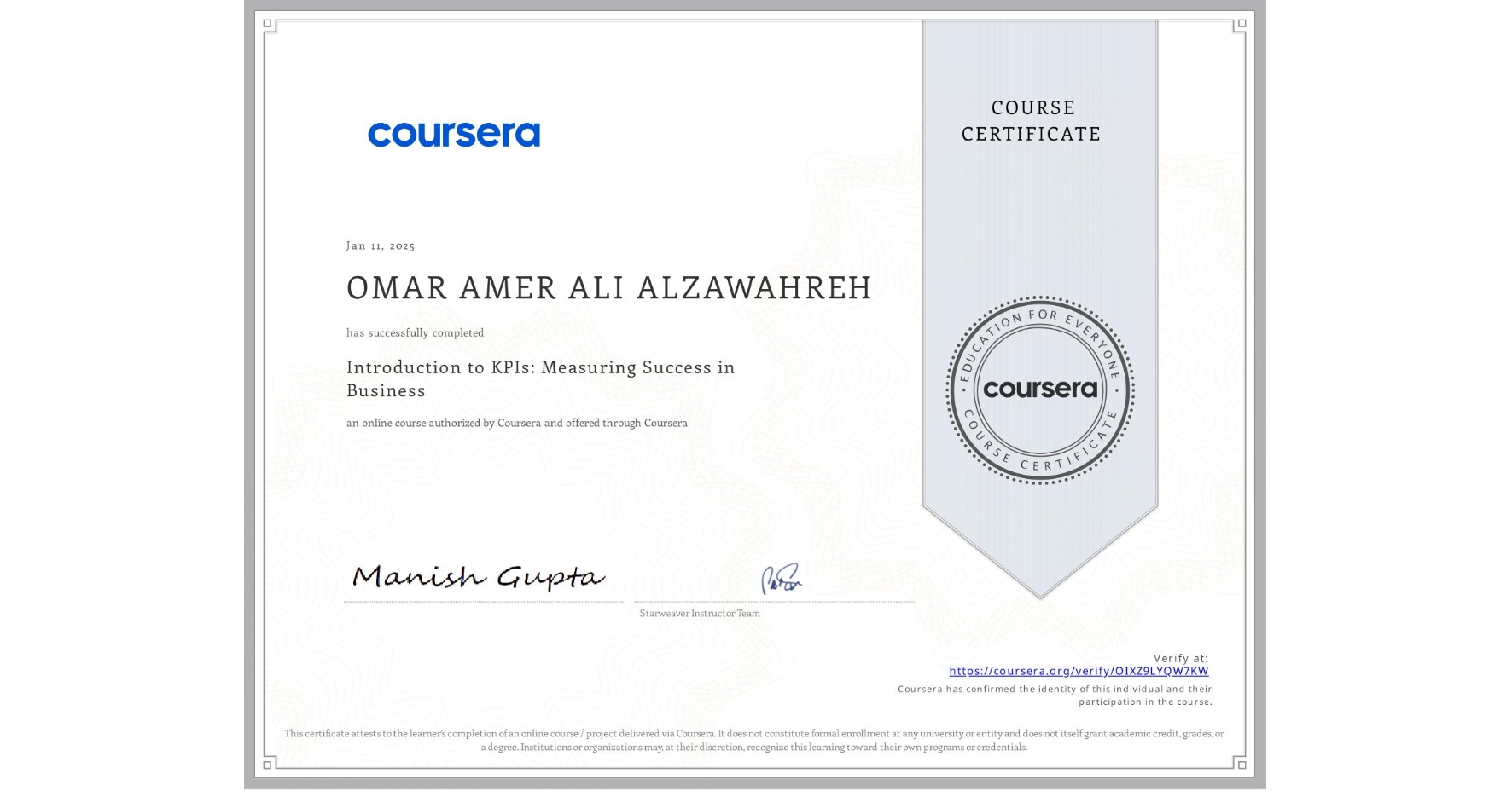View certificate for OMAR AMER ALI  ALZAWAHREH, Introduction to KPIs: Measuring Success in Business , an online non-credit course authorized by Coursera and offered through Coursera