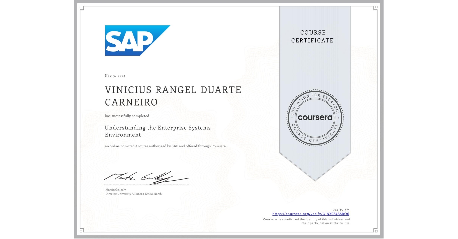 View certificate for VINICIUS RANGEL DUARTE CARNEIRO, Understanding the Enterprise Systems Environment, an online non-credit course authorized by SAP and offered through Coursera