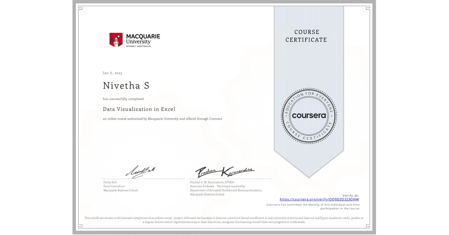 View certificate for Nivetha S, Data Visualization in Excel, an online non-credit course authorized by Macquarie University and offered through Coursera