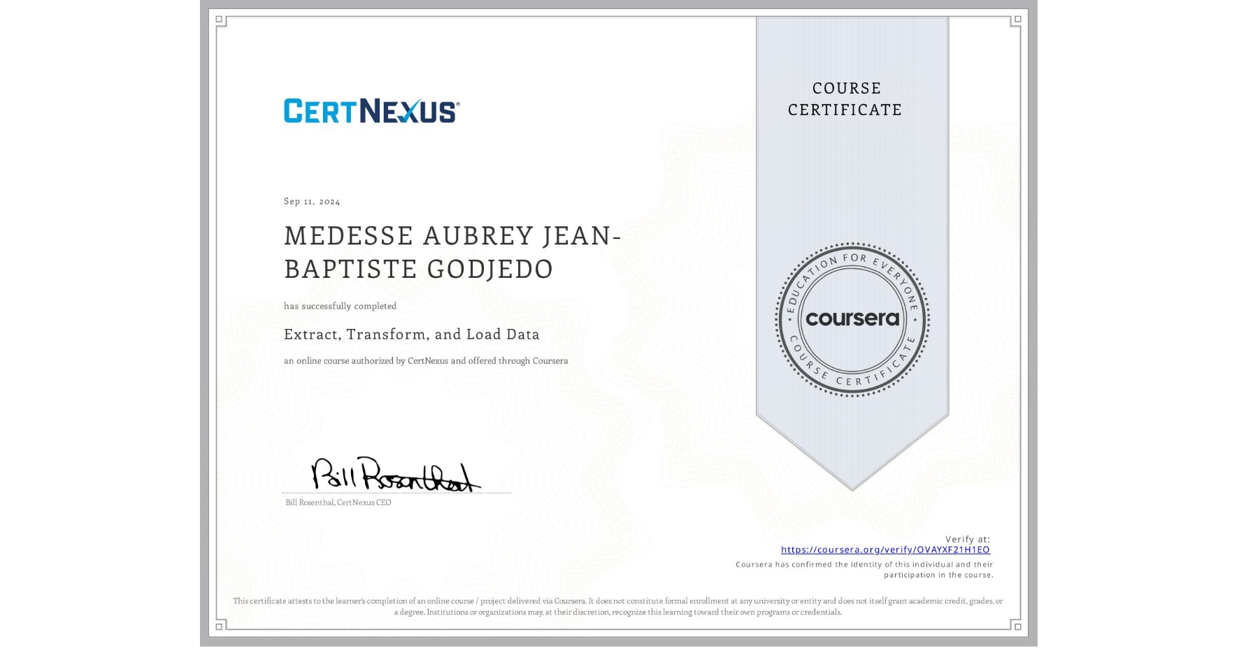 View certificate for MEDESSE AUBREY JEAN-BAPTISTE GODJEDO, Extract, Transform, and Load Data, an online non-credit course authorized by CertNexus and offered through Coursera