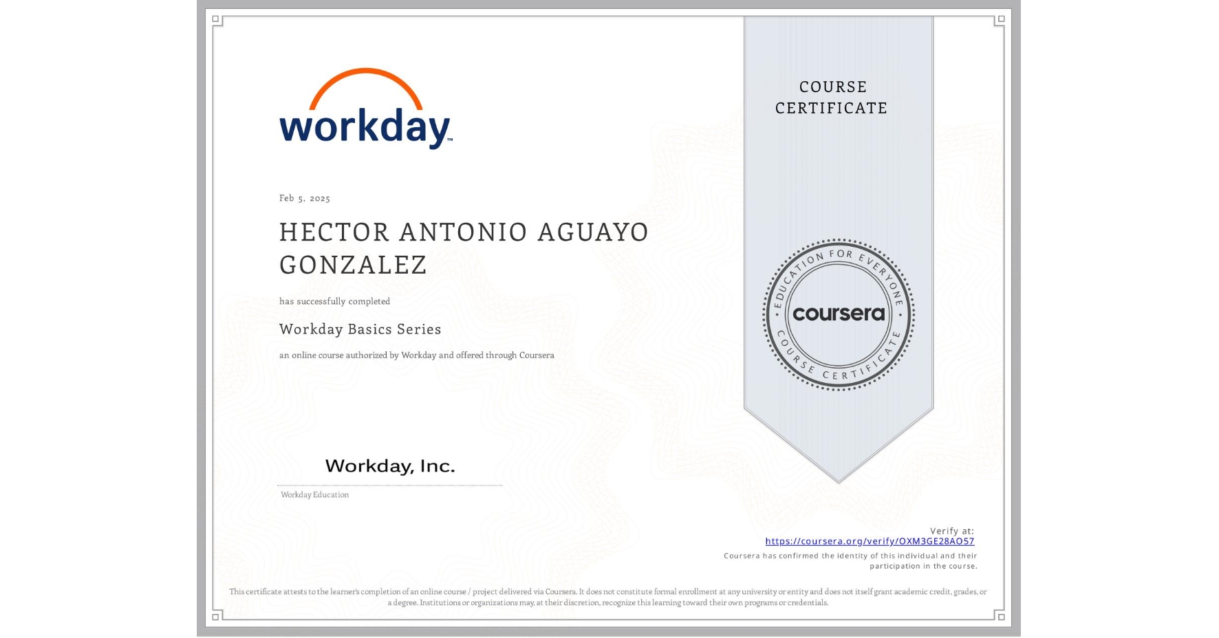 View certificate for HECTOR ANTONIO AGUAYO GONZALEZ, Workday Basics Series, an online non-credit course authorized by Workday and offered through Coursera