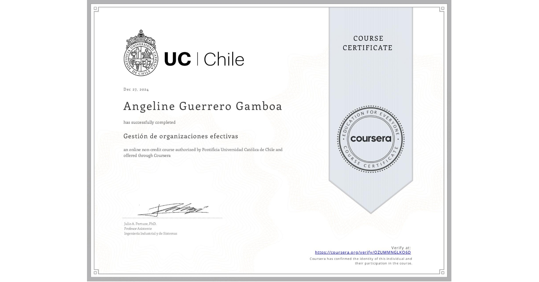 View certificate for Angeline Guerrero Gamboa, Gestión de organizaciones efectivas, an online non-credit course authorized by Pontificia Universidad Católica de Chile and offered through Coursera
