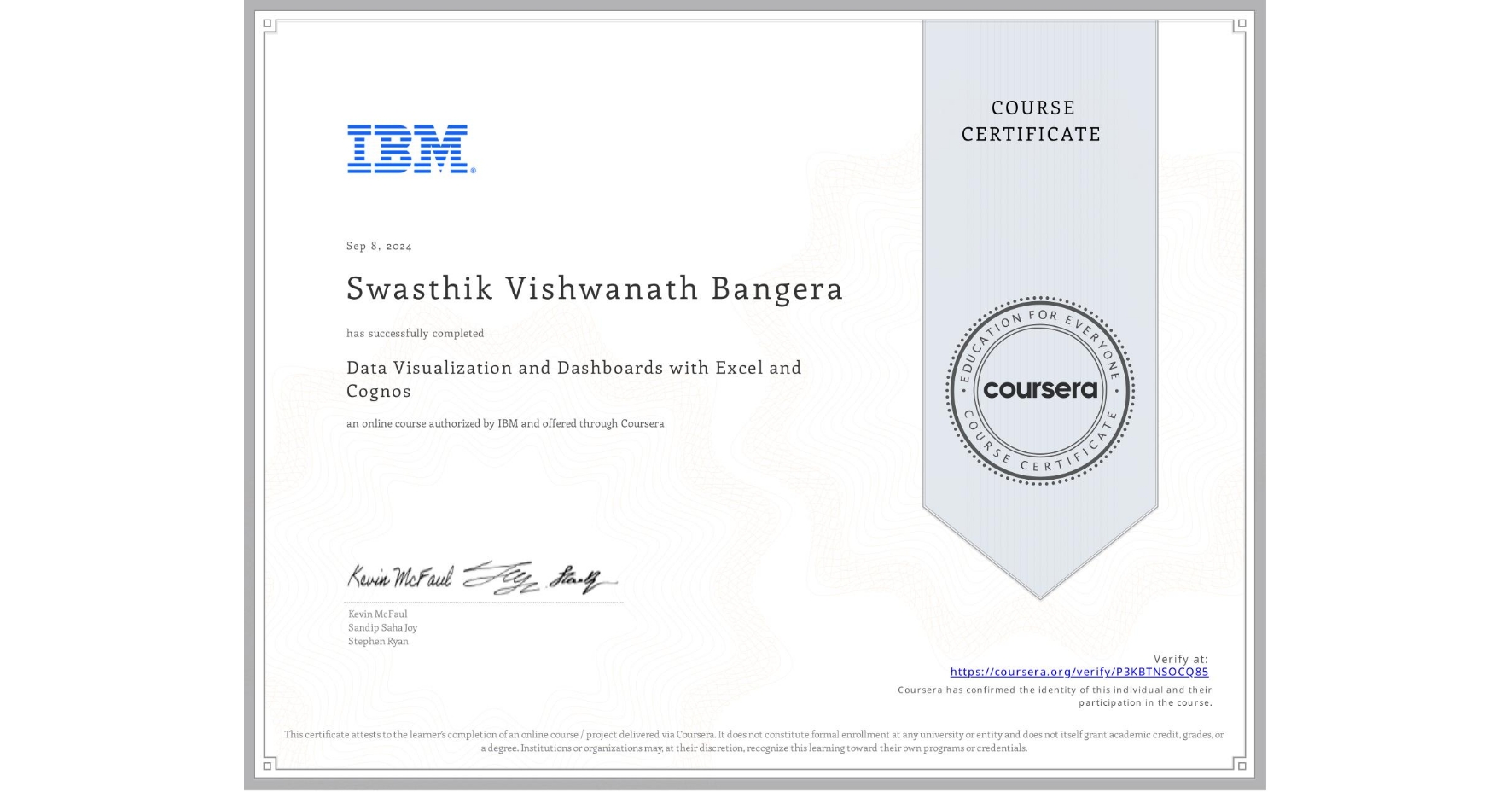 View certificate for Swasthik Vishwanath Bangera, Data Visualization and Dashboards with Excel and Cognos, an online non-credit course authorized by IBM and offered through Coursera