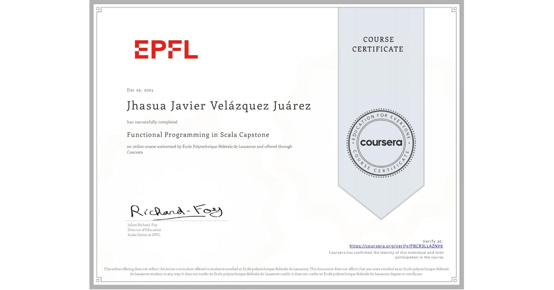 View certificate for Jhasua Javier Velázquez Juárez, Functional Programming in Scala Capstone, an online non-credit course authorized by École Polytechnique Fédérale de Lausanne and offered through Coursera