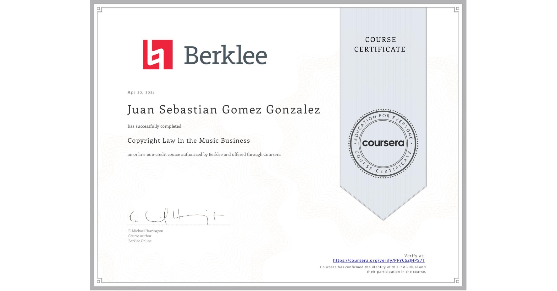 View certificate for Juan Sebastian Gomez Gonzalez, Copyright Law in the Music Business, an online non-credit course authorized by Berklee and offered through Coursera
