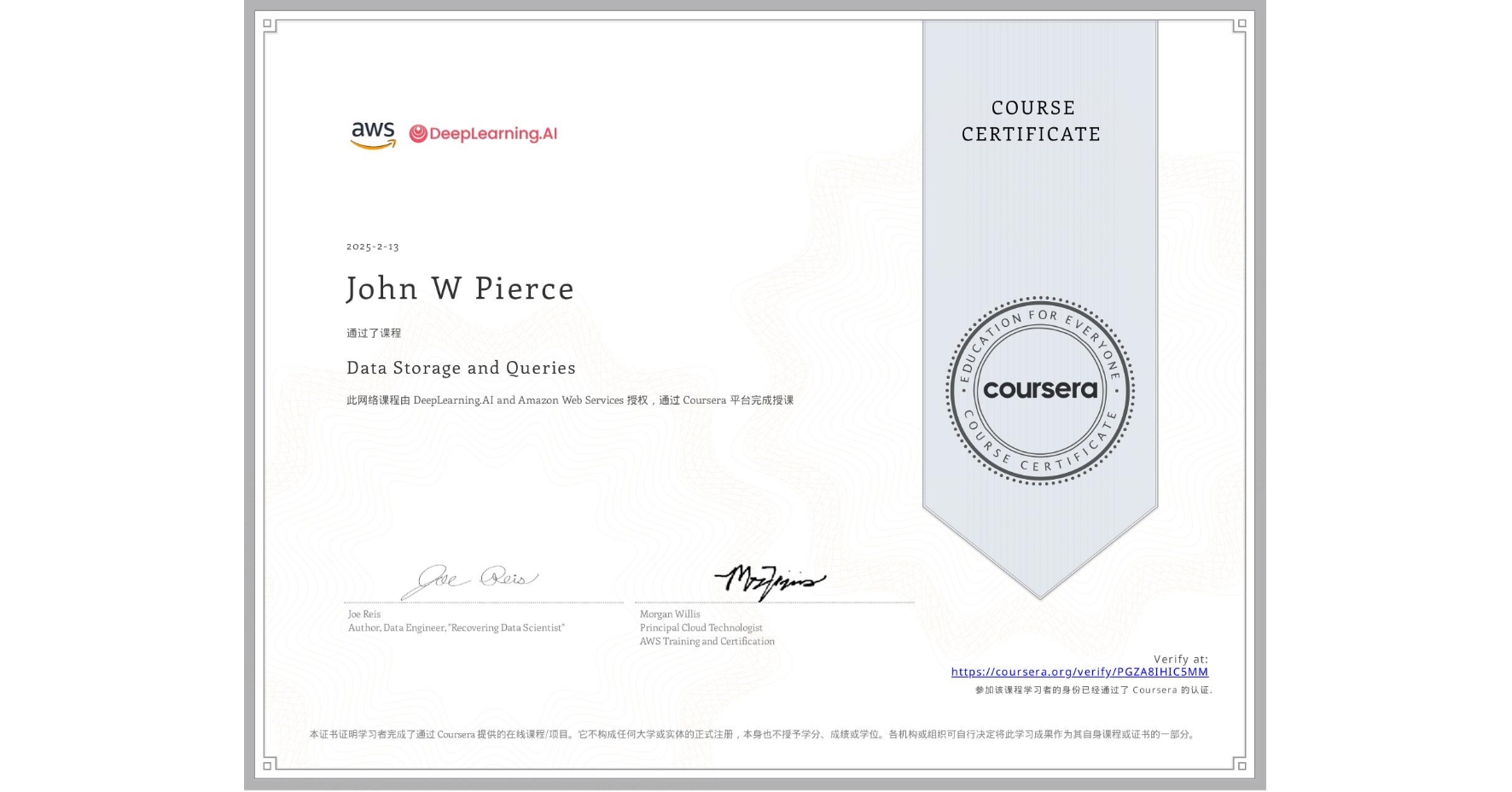View certificate for John W Pierce, Data Storage and Queries, an online non-credit course authorized by DeepLearning.AI & Amazon Web Services and offered through Coursera