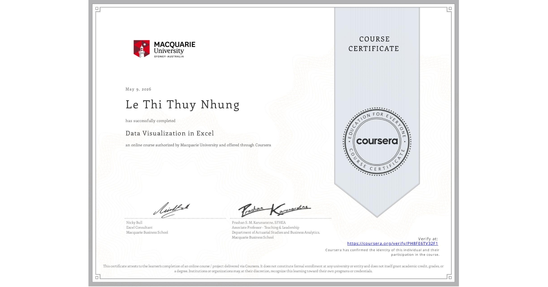 View certificate for Le Thi Thuy Nhung, Data Visualization in Excel, an online non-credit course authorized by Macquarie University and offered through Coursera
