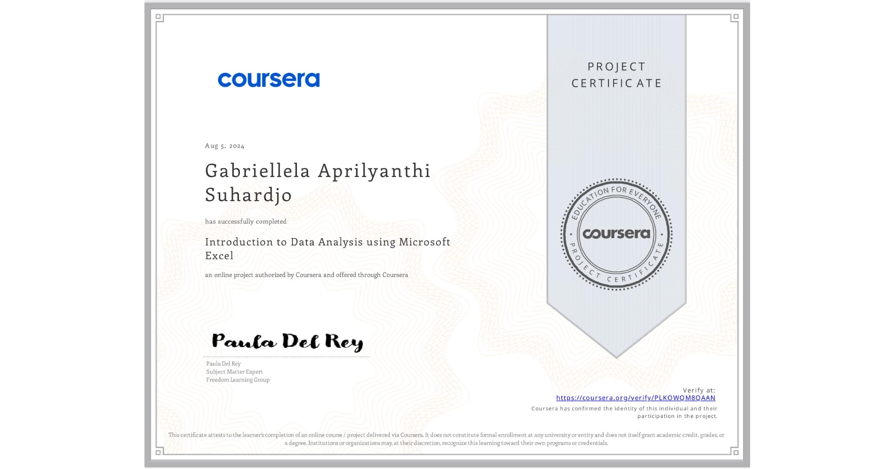 View certificate for Gabriellela Aprilyanthi Suhardjo, Introduction to Data Analysis using Microsoft Excel, an online non-credit course authorized by Coursera and offered through Coursera