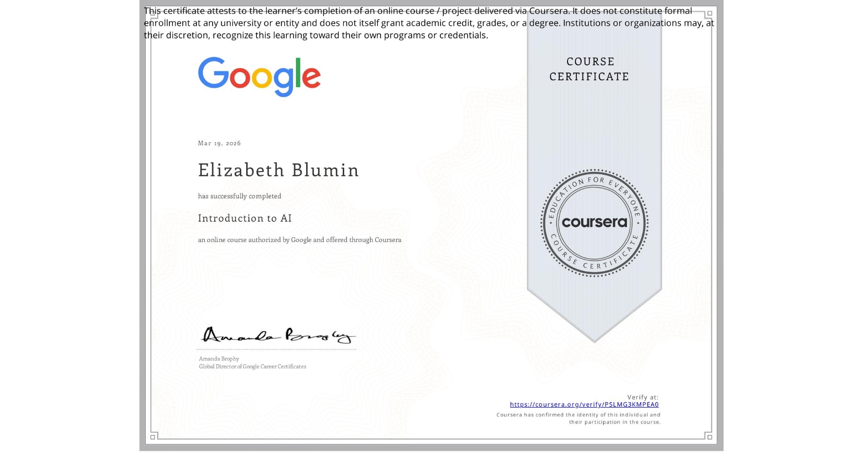 View certificate for Elizabeth Blumin, Introduction to AI, an online non-credit course authorized by Google and offered through Coursera