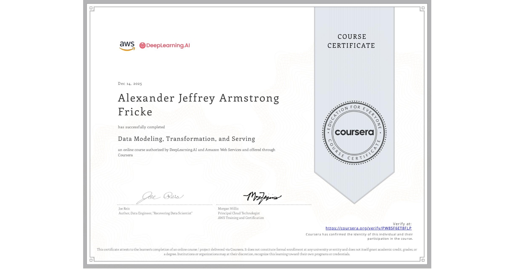 View certificate for Alexander Jeffrey Armstrong Fricke, Data Modeling, Transformation, and Serving, an online non-credit course authorized by DeepLearning.AI & Amazon Web Services and offered through Coursera