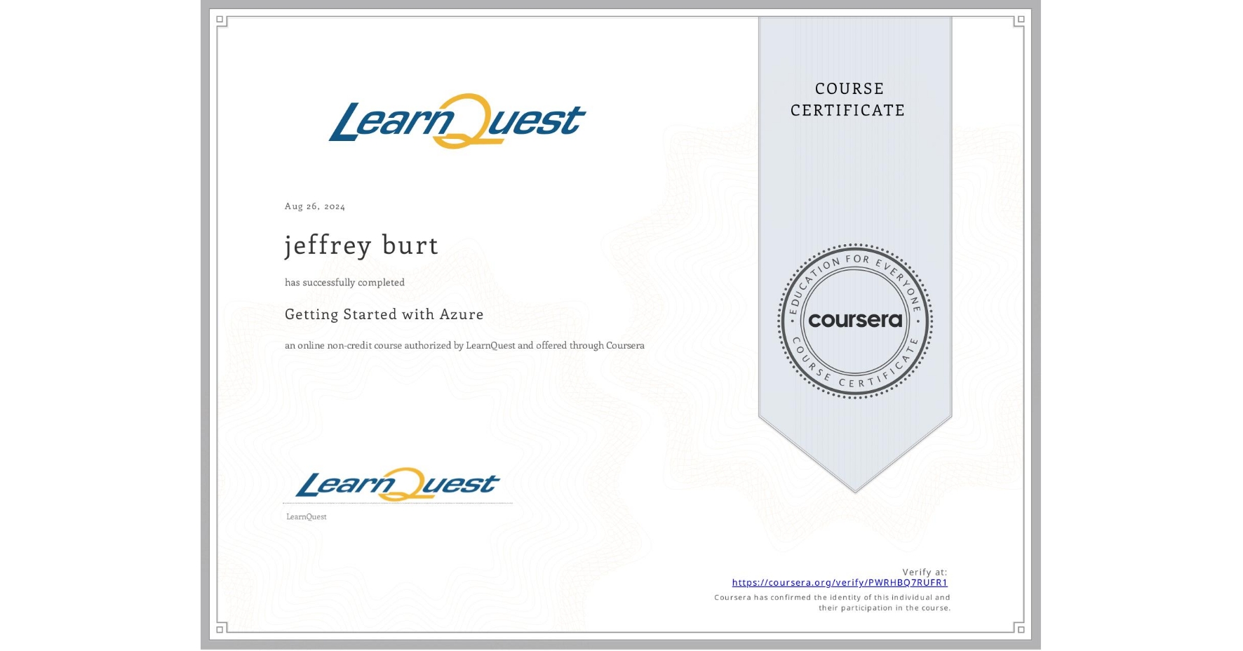 View certificate for jeffrey burt, Getting Started with Azure, an online non-credit course authorized by LearnQuest and offered through Coursera