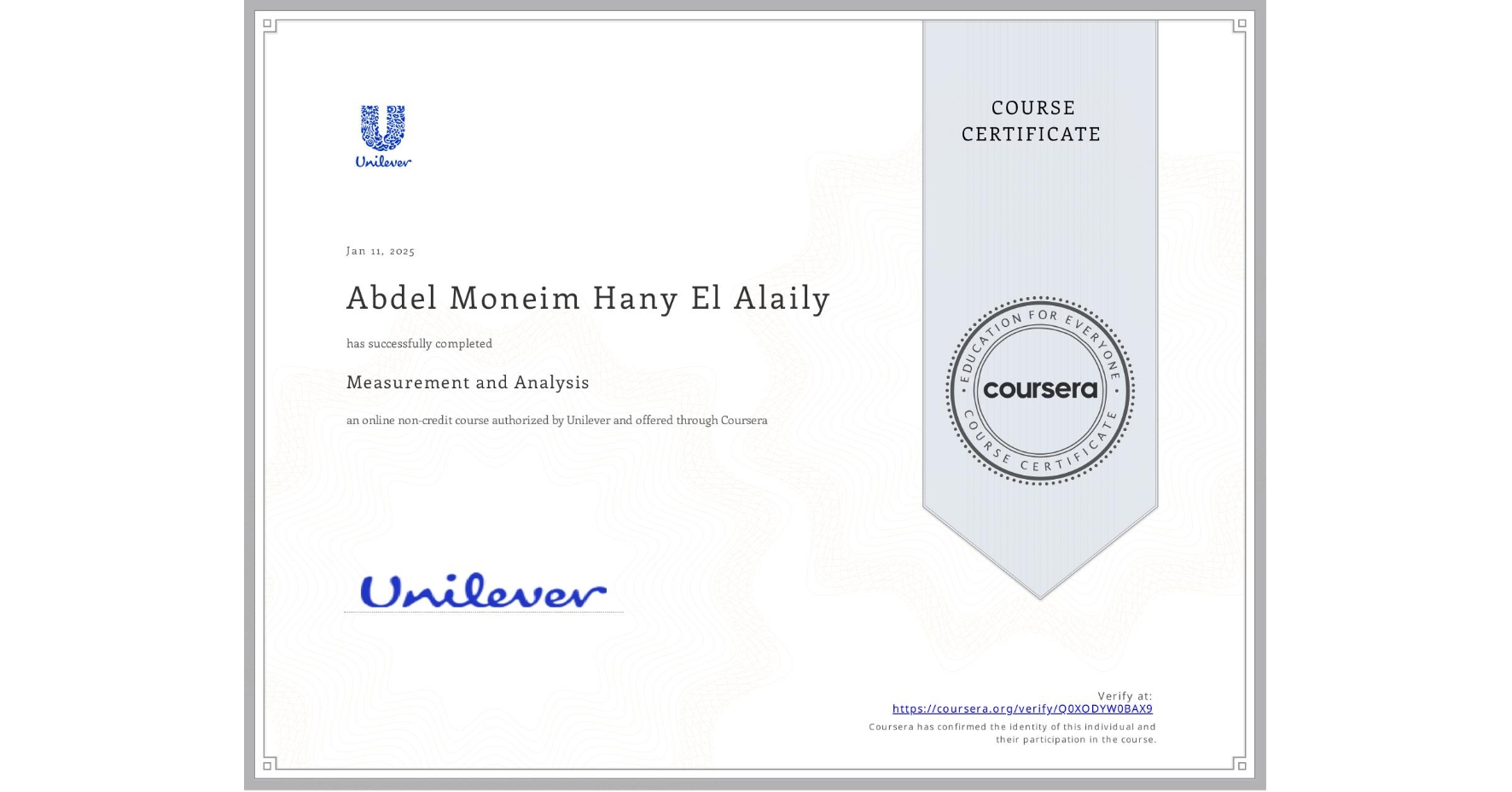 View certificate for Abdel Moneim Hany El Alaily, Measurement and Analysis, an online non-credit course authorized by Unilever and offered through Coursera