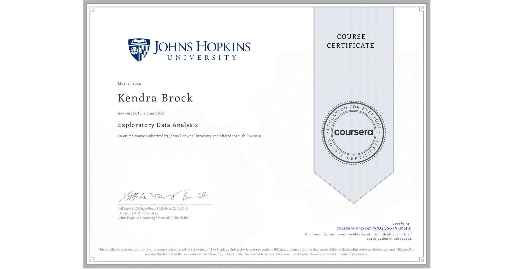 View certificate for Kendra Brock, Exploratory Data Analysis, an online non-credit course authorized by Johns Hopkins University and offered through Coursera
