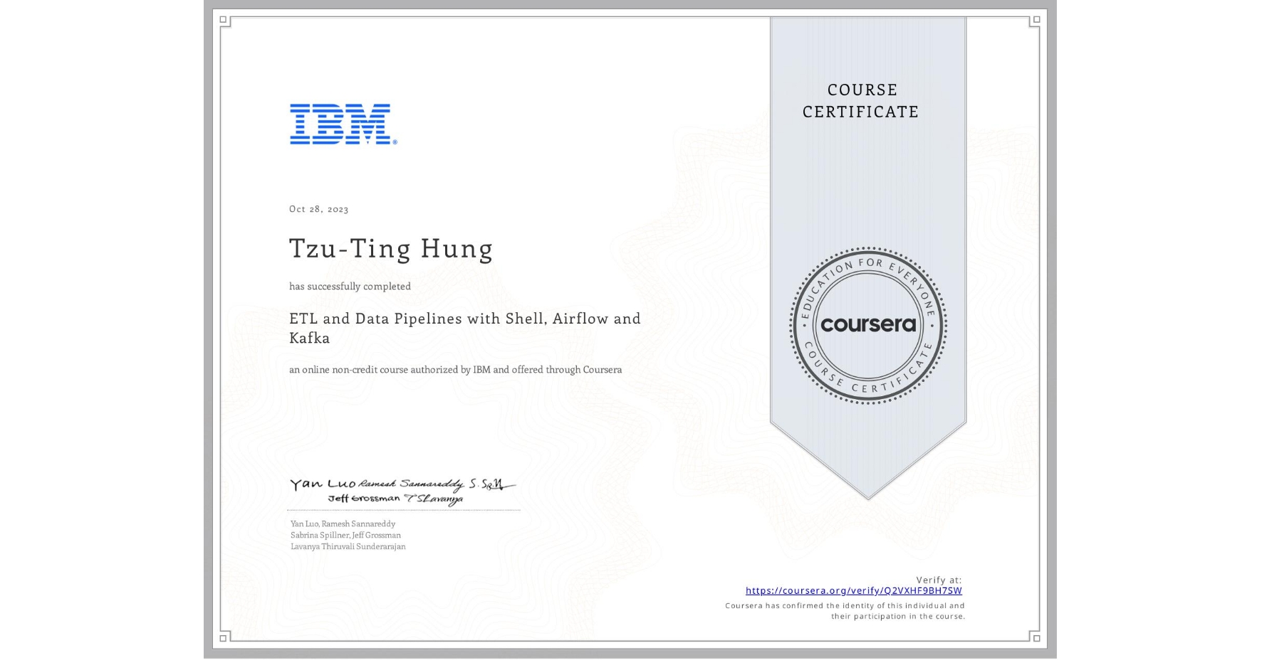 View certificate for Tzu-Ting Hung, ETL and Data Pipelines with Shell, Airflow and Kafka, an online non-credit course authorized by IBM and offered through Coursera
