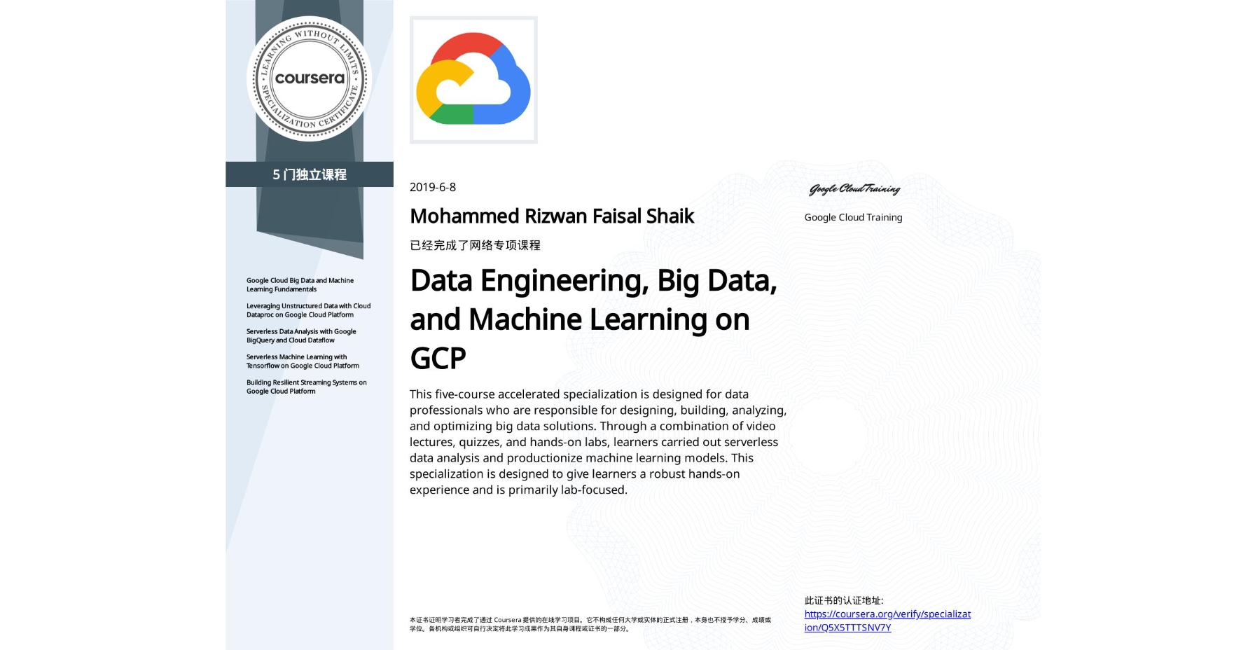 View certificate for Mohammed Rizwan Faisal Shaik , Data Engineering, Big Data, and Machine Learning on GCP, offered through Coursera. This five-course accelerated specialization is designed for data professionals who are responsible for designing, building, analyzing, and optimizing big data solutions. Through a combination of video lectures, quizzes, and hands-on labs, learners carried out serverless data analysis and productionize machine learning models. This specialization is designed to give learners a robust hands-on experience and is primarily lab-focused.